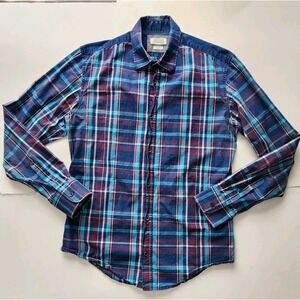 ZARA MAN Slim Fit Plaid Shirt Mens Large‎ Blue Red Pink Check Long Sleeve Cotton